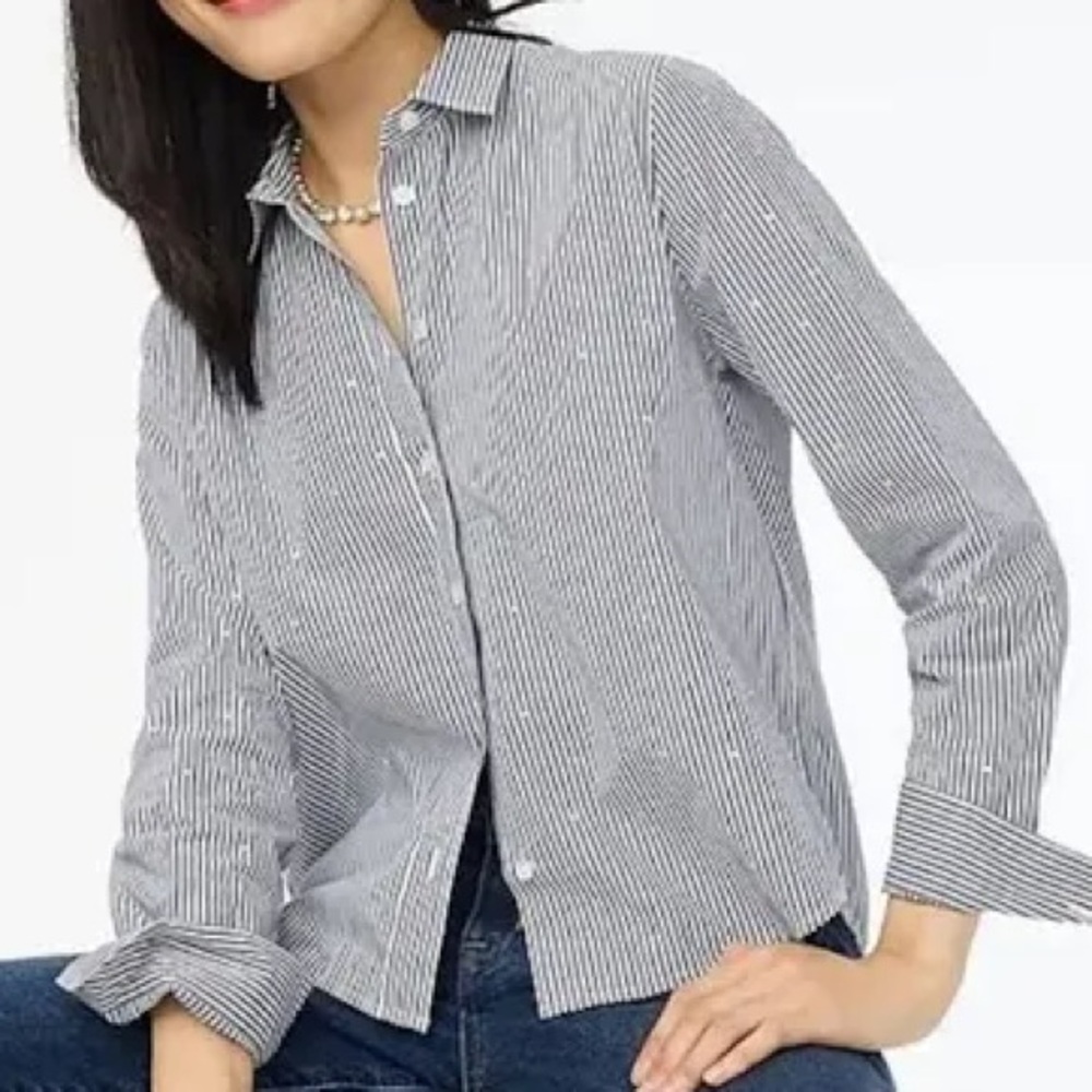 J.Crew Factory Rhinestone Blue & White Stripe Cropped Shirt Size M NWT